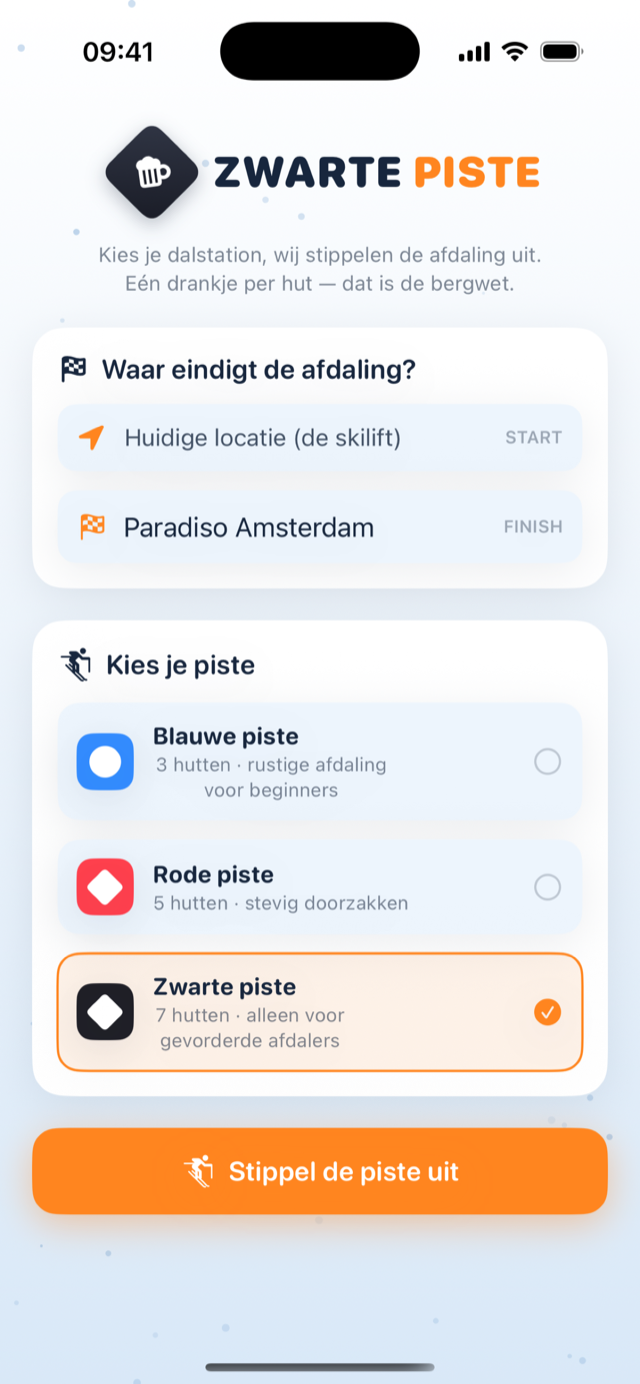 Startscherm: kies je bestemming en piste