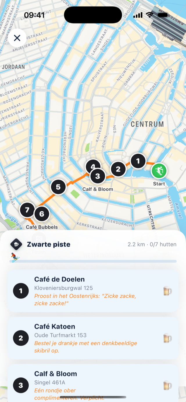 Kaart met route langs zeven kroegen
